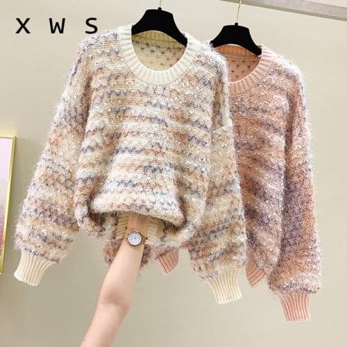 2020 autumn winter oversized sweater pullover fashion stripe Lantern sleeve o neck kint thick sweaters casual female jumper