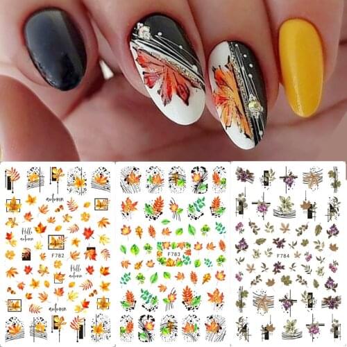 3D Maple Leaves Nail Stickers Autumn Gold Green Leaf Fall Design Acrylic Adhesive Sliders Press On Nails Art Decor SAF782-791