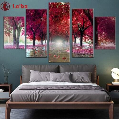 5D DIY Diamond Painting Natural scenery, red trees, fallen leaves cross stitch full square/round diamond mosaic embroidery5pcs