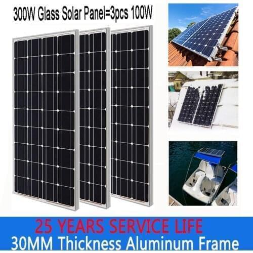 Aluminum Frame Glass Solar Panel 300W 200W 100W 12V 18V Battery Charge More Life Time Of 25 Year