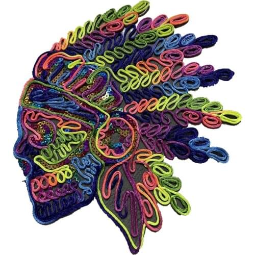 Big Indian head shape embroidery color rope patches sewing on clothing applique