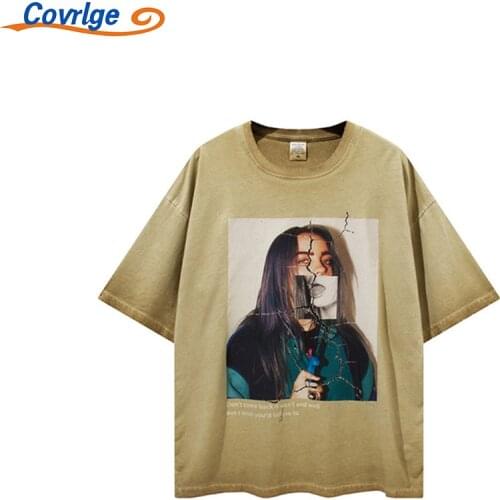 Covrlge Cotton Mens T-shirt Summer Torn Edging Retro High Street Fashion Casual Comfortable Figures Patterns Clothing MTS632