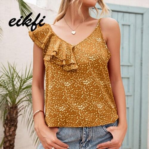 EIKFI Allover Dot Print Shoulder Ruffle Women Cami Summer Ladies V Neck Backless Casual Red Black Yellow Strap Bohemian Tops