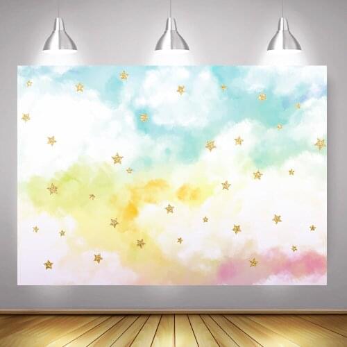 Photography Backdrop Rainbow Sky Photocall Watercolor Colourful Cloud Newborn Background Live Video Backdrops Golden Stars