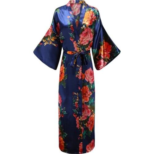 Sexy Lounge Casual Nightdess For Women Sleepwear Female Loose Print Flower Kimono Bathrobe Royal Blue Long Robe Gown With Belt