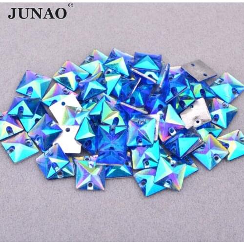 JUNAO 10mm Shiny Sew On Bue AB Square Rhinestone Stones Flatback Resin Crystal Applique Sewing Diamond Strass for Clothes Crafts
