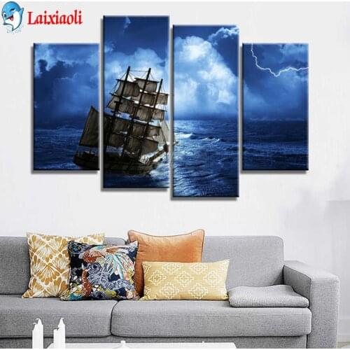 Saling boat view Diamant Painting 5D DIY Diamond Painting Full Square Drill Embroidery Cross Stitch Gift 4 pcs set Home Decor