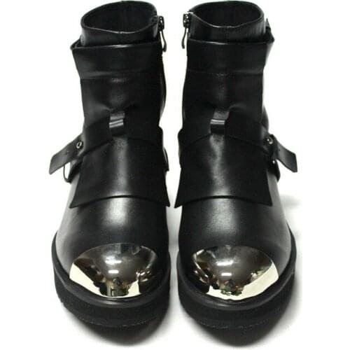 Classic Metal toe Height Increasing Ankle Boots Fall Winter Thick heel Mans Moto Boot