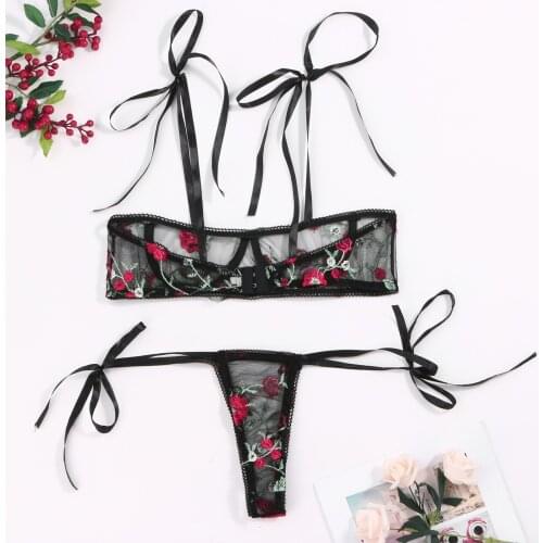 Porn Strap Push Up Bra Thong Sets Gauze Sensual Lingerie Women Underwear Set Floral Embroidery Erotic Lingerie Set Sex Underwear