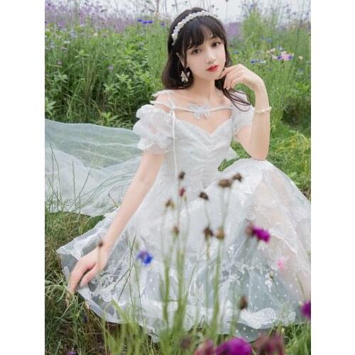Fashion Mesh Elegant Puff Sleeve Fairy Dress Romantic French Bow Embroidery Gentle Dress Party Summer Vestidos