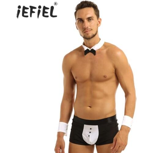IEFiEL Mens Waiter Tuxedo Lingerie Boxer Shorts Underwear with Bow Tie Collar for Sexy Nightclub Party Exotic Costumes