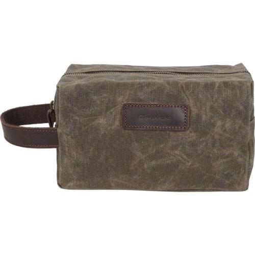 Vintage Style Mens Clutch Bag Washed Canvas Toiletry Bag Retro Clutch Genuine Leather Handle Wrist Bag