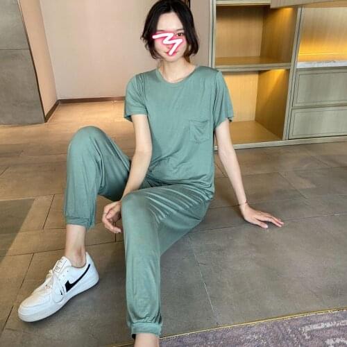 2021 Summer New Pajamas Womens Modal 2Pcs Fat MM Household Clothes Nightwear Short Sleeve T-shirt Suit Leggings Sleepwear