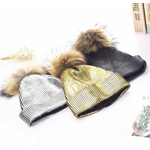 New winter women casual metalic beanies Detachable fur pom poms cap Crochet hat Skullies Gorros