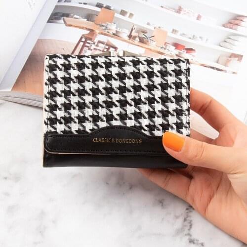 New Small Wallet Short Houndstooth Canvas Hit Color Folding Coin Wallet Multi-card Position Buckle Clip Bag Wallets for Women