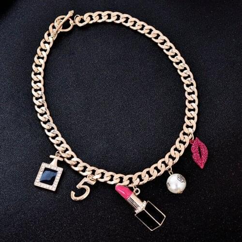 Trendy heavy metal chian choker necklace for women rose crystal kiss party jewelry outlet cheap wholesale