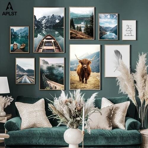 Nordic Forest Railway Yak Cow Landscape Posters & Prints Italy Lake Water Travel Boat Mountain Painting Wall Decoration Picture