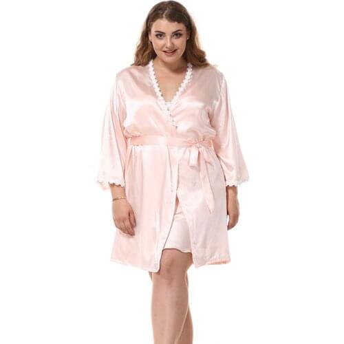 Plus Size Women Imitation Silk Robe Sets Sexy Lace Satin Silk Nightdress + Bathrobes Two-Piece Sets Female 2020 NEW 9001