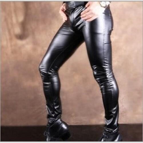 Sexy Men Leather Tight Calf Boots Pants Peach Buttock Tight Boot Trousers PU Faux Leather Punk Legging Glossy Shiny Pencil Pants