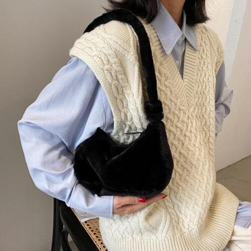 New Fashion Women Solid Color Underarm Shoulder Bag Rectangle Plush Pouch Handbag Stylish Mini Cute Soft Women Underarm Bags