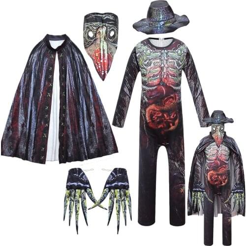 Funny Medieval Steampunk Plague Doctor Mask Costume Hat Gloves Cloak Bodysuit Plague Doctor Cosplay Halloween Costume C79C48