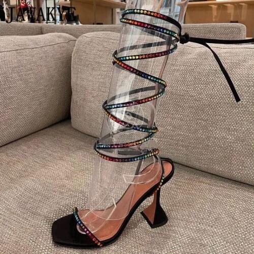 Sexy Crystal Ankle Strap Women Sandals Open Toe Strange Heel Party Wedding Shoes 2021 New Cross Tied Runway High Heel Shoes