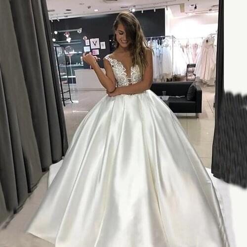 Vintage Satin Wedding Dresses 2021 robe de mariee Court Train V Neck Off The Shoulder Wedding Gowns Custom Made A Line Bridal D