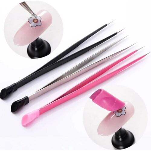 1PC Straight Nail Tweezers With Silicone Pressing Head For 3D Sticker Rhinestones Water Sticker Picker Metal Nails Art Tools