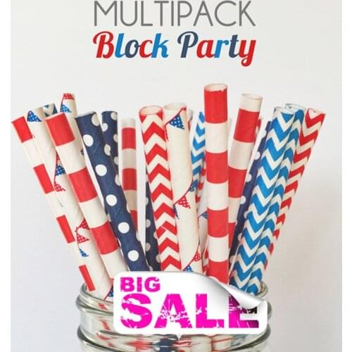 125pcs Mixed Colors Block Party Paper Straws,Red and Blue Sailor Stripe,Chevron,Dot,July 4th,Independence Day,Partiotic,Holiday