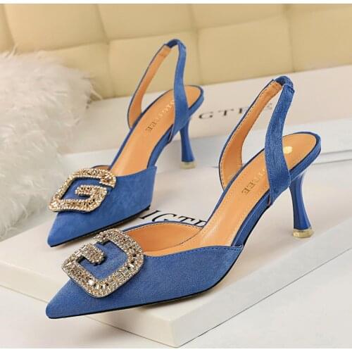 BIGTREE Elegant Rhinestone High Heels Women Pumps Flock Pointed Toe Wedding Shoes Women After Strappy Crystal Party Shoes Women