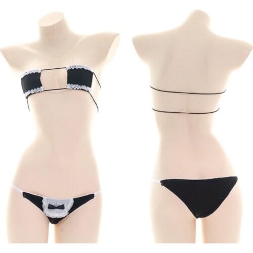 Large Square Bikini Sexy Homewear Pajamas Suit Maid outfit Cosplay Costume Teen Girls Black Kawaii Cute Bowknot Sleepwear Sets