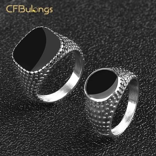 CFBulongs Retro Black Square Round Zircon Mens Ring Cool Fashion Stainless Steel Wedding Jewelry Gift