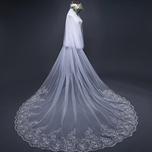Two-Layer White or Ivory Bridal Veil 3 Meters Long Cathedral Wedding Veil Sequined Lace Veil for Bride