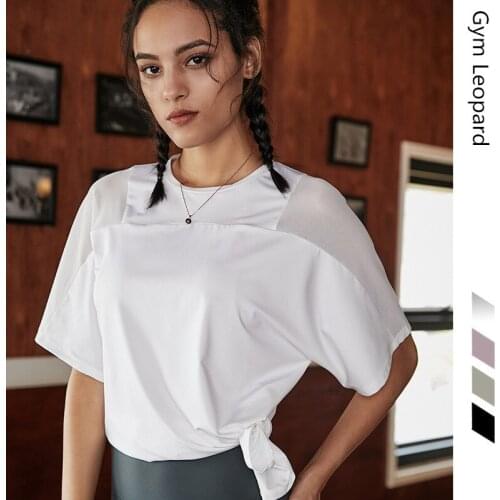 Gym Leopard Shoulder Mesh Patchwork Exercise Yoga Shirt Short Sleeve T-Shirt Loose Breathable Running T-Shirt Gym Fitness Top