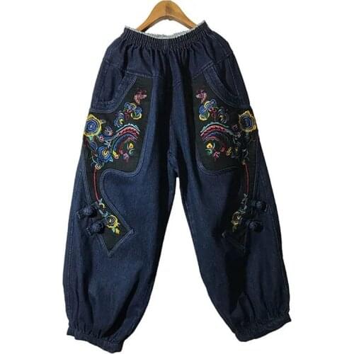 Embroidery Arts folk-custom Jeans Womens Vintage High Waist Harlan Pant 2021 New autumn Casual Plus Size Denim pants