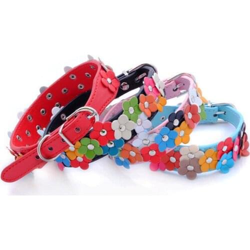 Sweet Puppy Pet Dog Cat Flower Leather Collar Buckle Studded Strap Collar