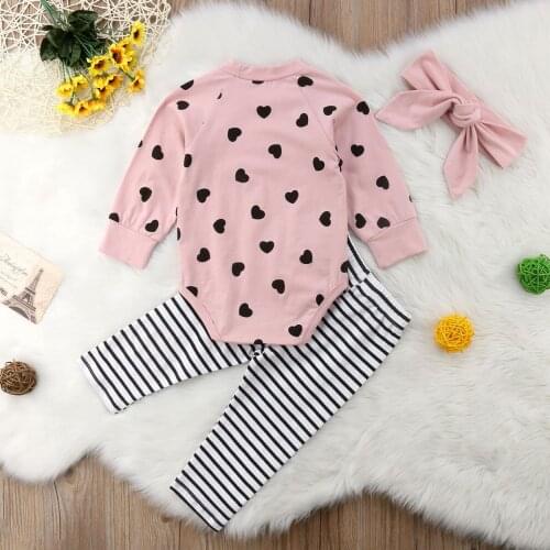2020 New Autumn Winter Newborn Infant Baby Girl Clothes Set 3PCS Long Sleeve Heart Pink Romper Tops Striped Pants+Headband