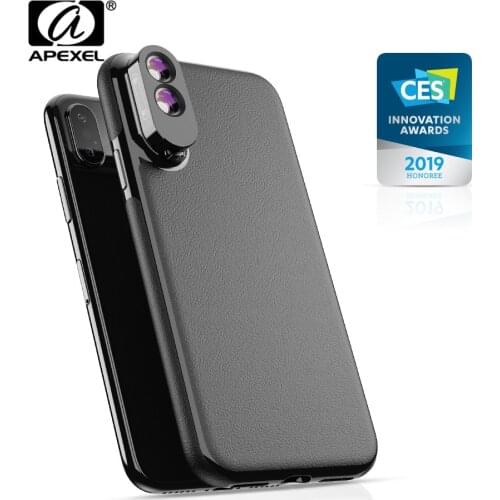 APEXEL Super Small Lens for iPhone XS Max 2in1 Wide Angle Telephoto Macro Camera Lens with PU Leather Phone Case Protection