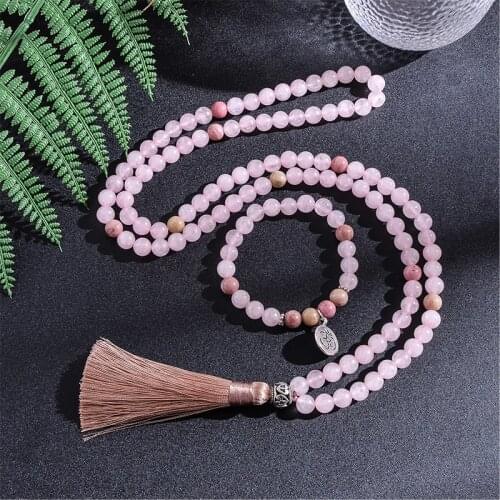 Natural Rhodolite Rose Quartz Beaded Necklace Set Meditation Yoga Spirit Jewelry 108 Japa Mala Beads with OM Pendant