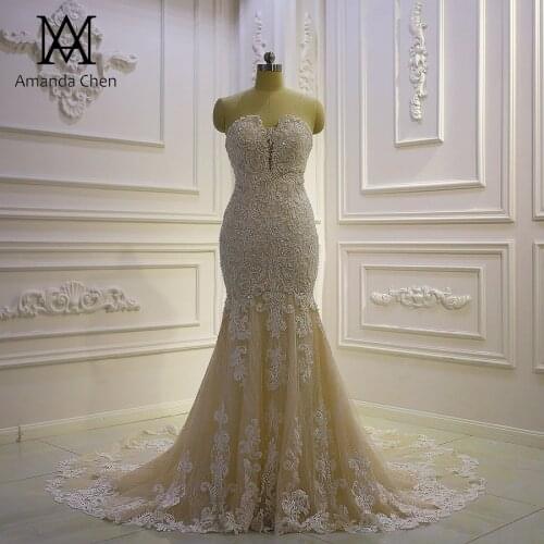 Trouwjurk Strapless Lace Applique Champagne Mermaid Wedding dress
