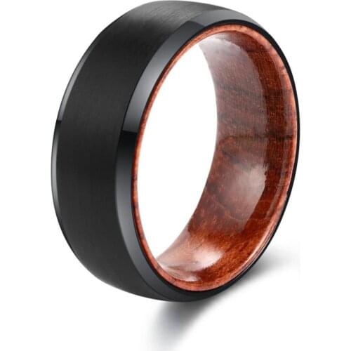 POYA TUNGSTEN Ring Black 8mm Mens Wedding Band Beveled Edges Rosewood Liner Comfort Fit