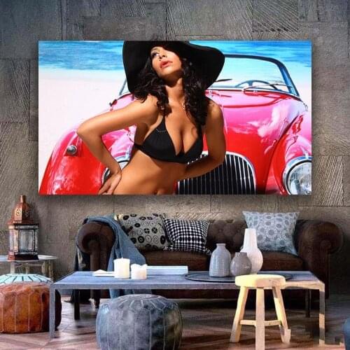 Sexy beautiful woman car modern decorative Picture Canvas Wall Art Poster for room hotel office decor