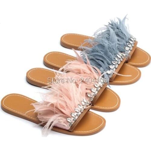 Scarpe Donna Luxury Fashion Ladies Beach Shoes Summer Sandals Slip On Casual Flat Slides Women Crystal Feather Slippers Outdoor