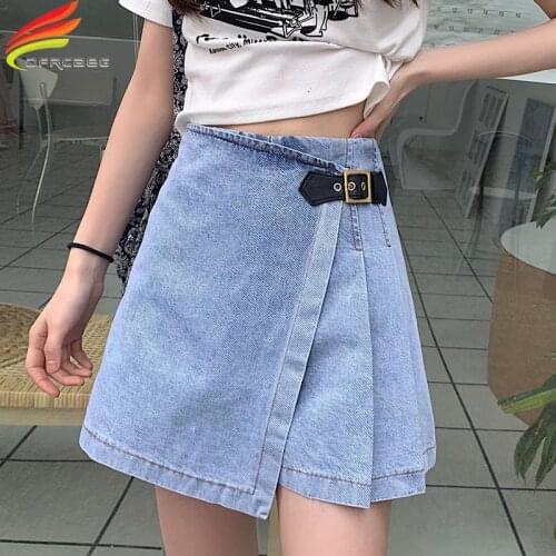 New 2021 Summer Mini Denim Skirt High Waist A Line Pleated Short Jeans Women Streetwear Blue Black Skort With Belt jupe en jean