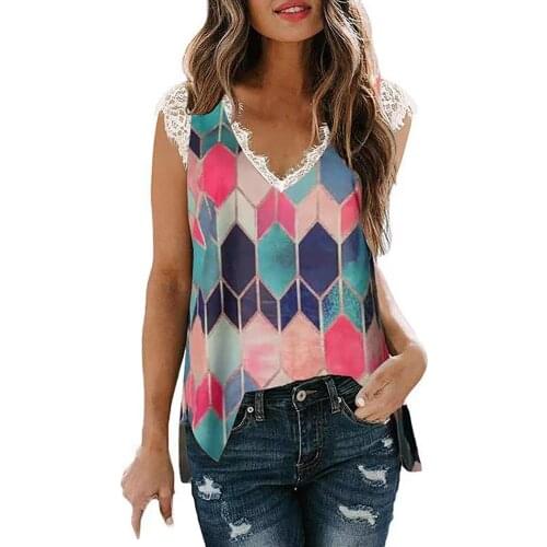Womens Summer Tunic Lace Vest Tops Block Patchwork Printed Sexy V-neck Sleeveless T-shirt Large Size Womens Clothing S-2XL