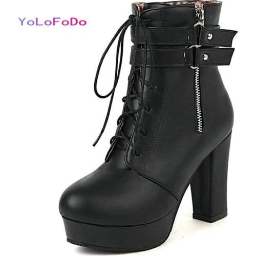 2021 Autumn Winter Women Ankle Boots Platform Square High Heel Ladies Lace Up Boots Side Zipper Round Toe Womens Boots Big Size