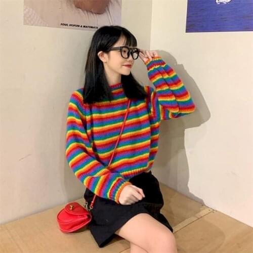 2021 Autumn And Winter New Style Sweater Korean Loose Rainbow Long Sleeve Student Striped Cropped Pull Over Sweater Women