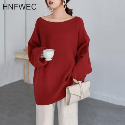 Red Big Size Knitting Sweater Loose Fit Slash Neck Long Sleeve Women Pullovers New Fashion Tide Autumn Winter 2020 K309