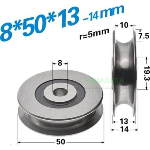 1pcs 8*50*13mm metal non-standard bearing U groove wheel, grooved pulley, R3/R5 steel wire rope roller, braiding machine wheel