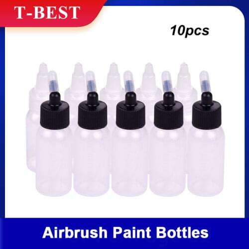 10pcs Box 1.2-Ounce(35cc) Airbrush Paint Bottles Jars Pots with Lid Adapter Cap Scale Line Dual-Action Siphon Feed Air Brush